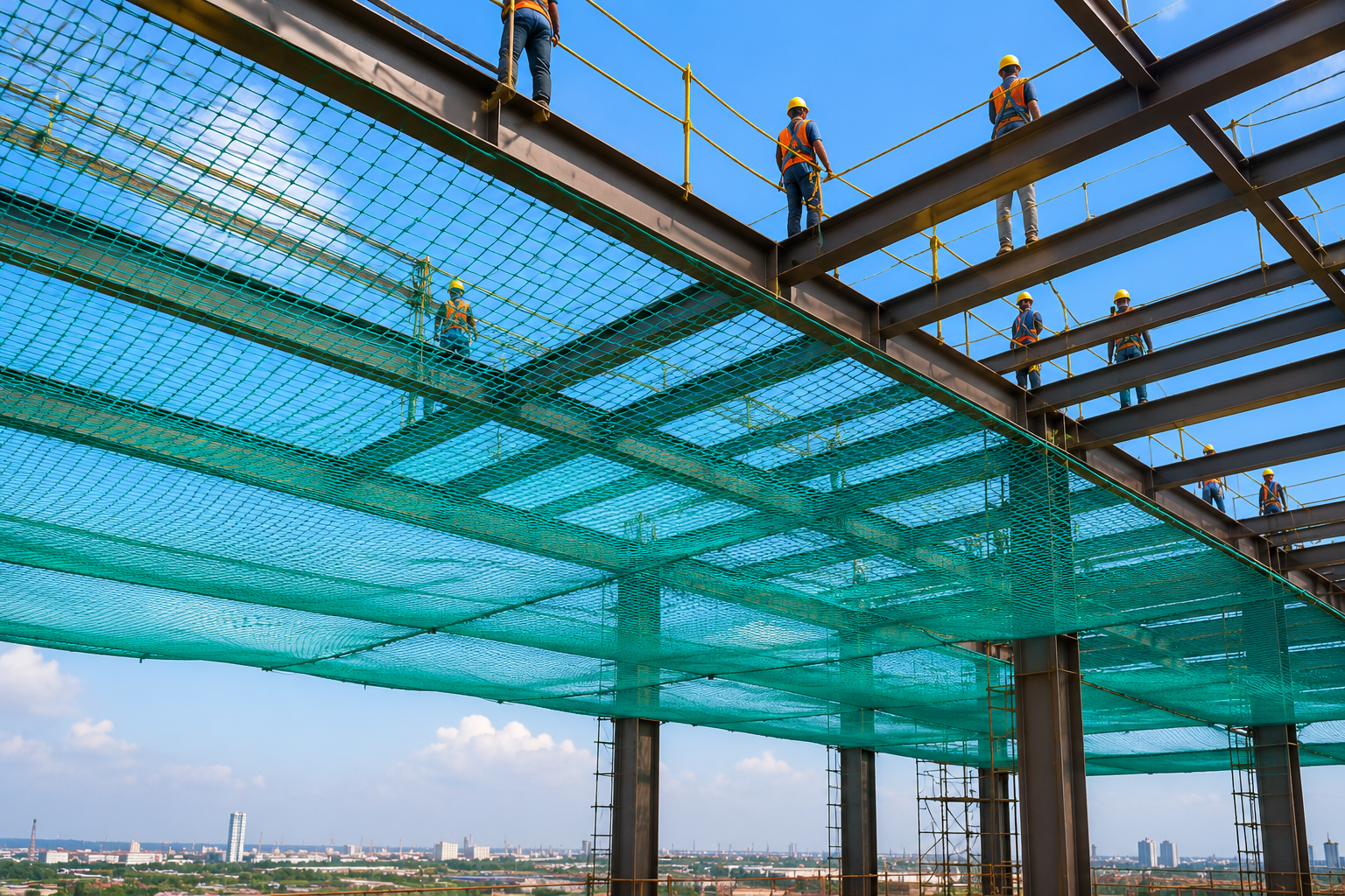 Industrial safety net installation for warehouses and commercial work areas
