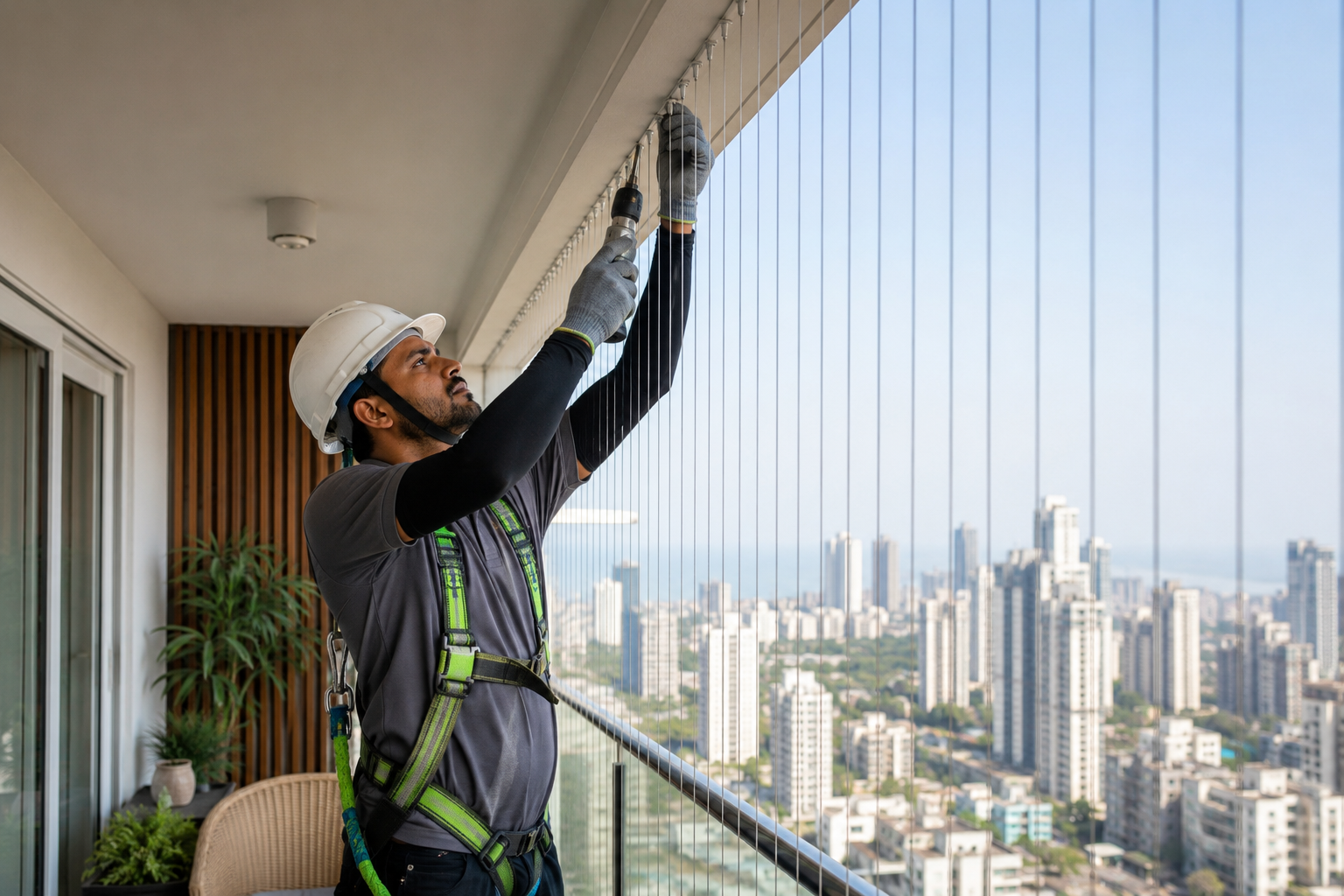 High tensile 316 grade stainless steel invisible grill installation for apartment balcony