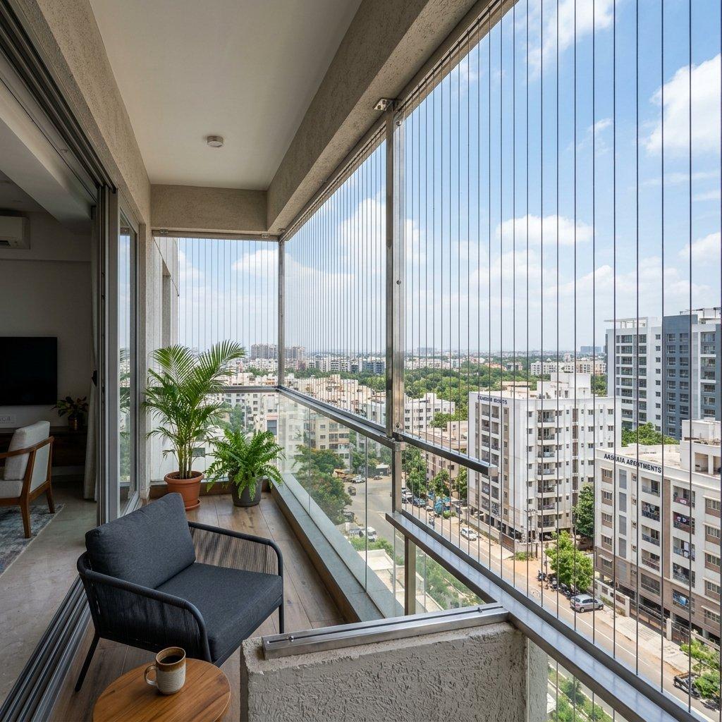 Completed invisible grill installation on a balcony with a clean, polished finish.