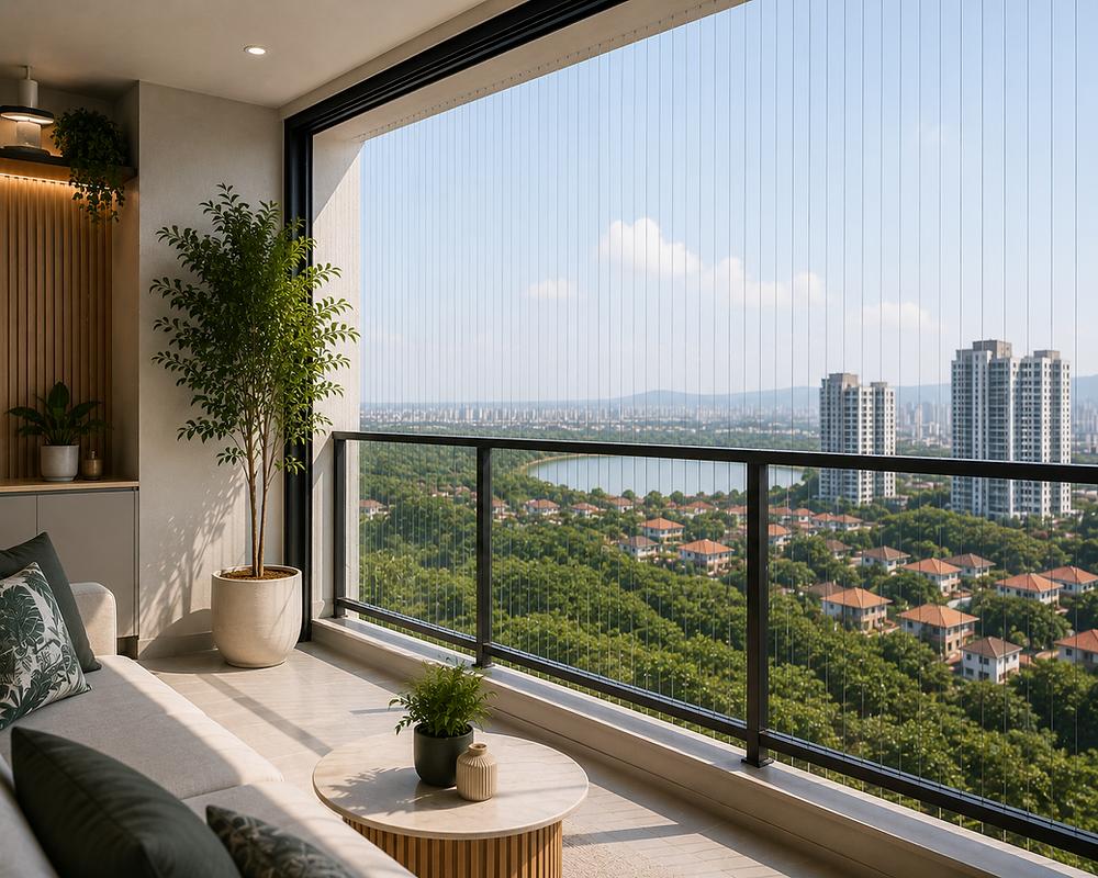 Invisible grill installation on a Bangalore balcony that preserves the view while improving child safety.